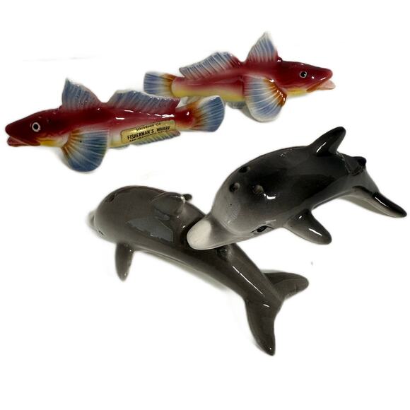 Vintage Lot 5 Ocean Fish Ceramic Salt Pepper Shakers SeaHorse Turtle Dolphin - Picture 7 of 9